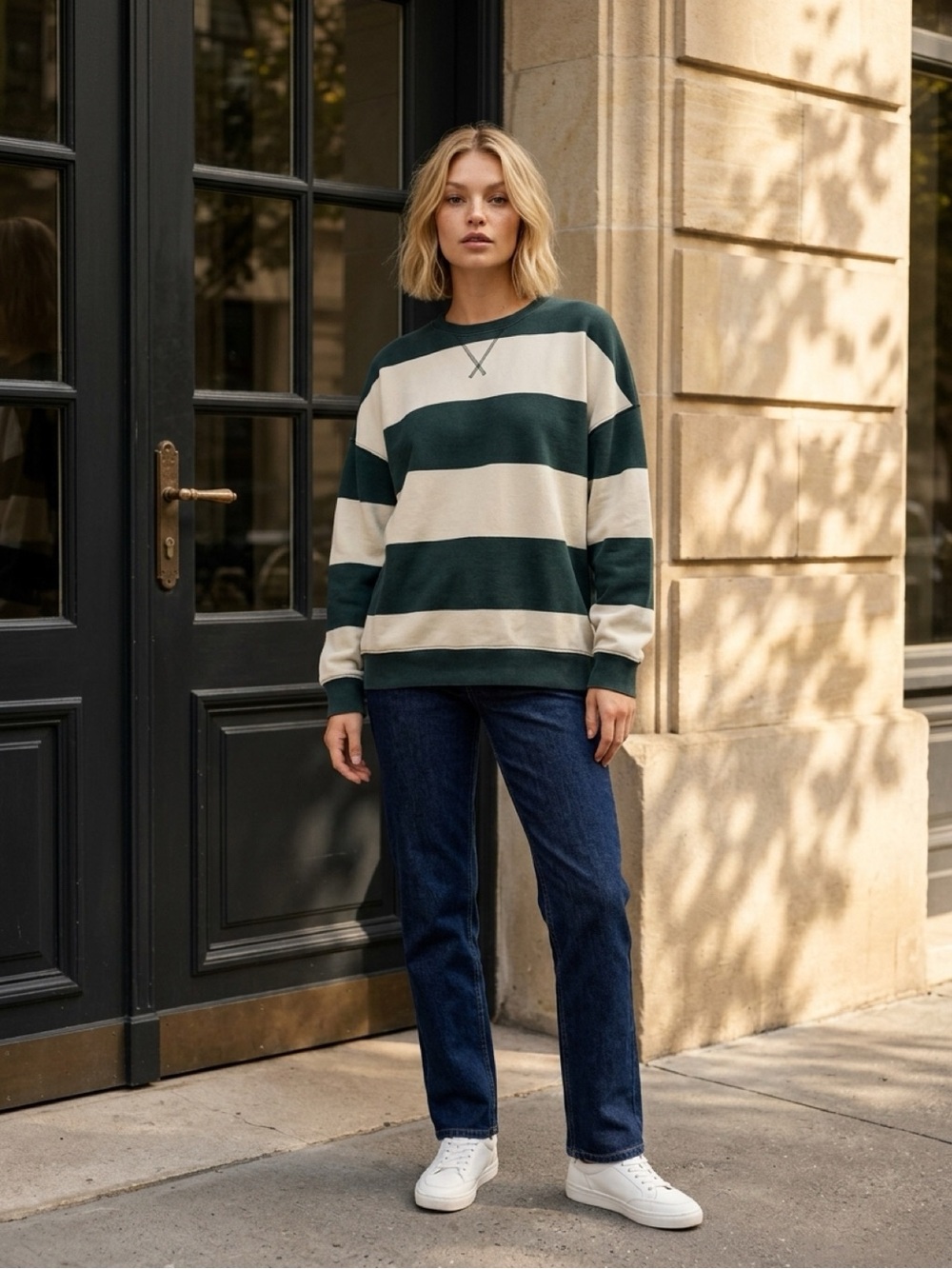 Sundry Oversized Wide-Stripe Crewneck Sweatshirt - green and Cream